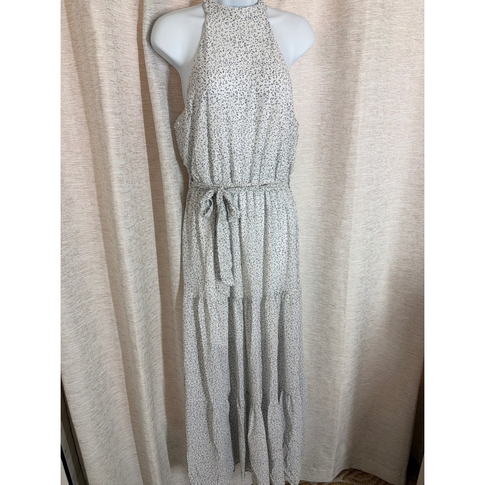 She & Sky Women White Blue Speckled Halter Neck Tiered Maxi Dress Large NWT